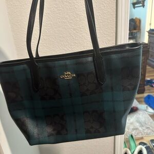 Coach Green and Black Plaid Tote Bag with Leather Handles